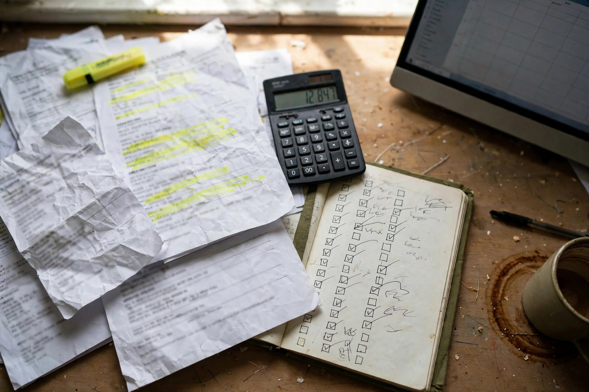 Overhead view of a reconciliation in progress with highlighted bank statements, a calculator, and a notebook of ticked checkmarks
