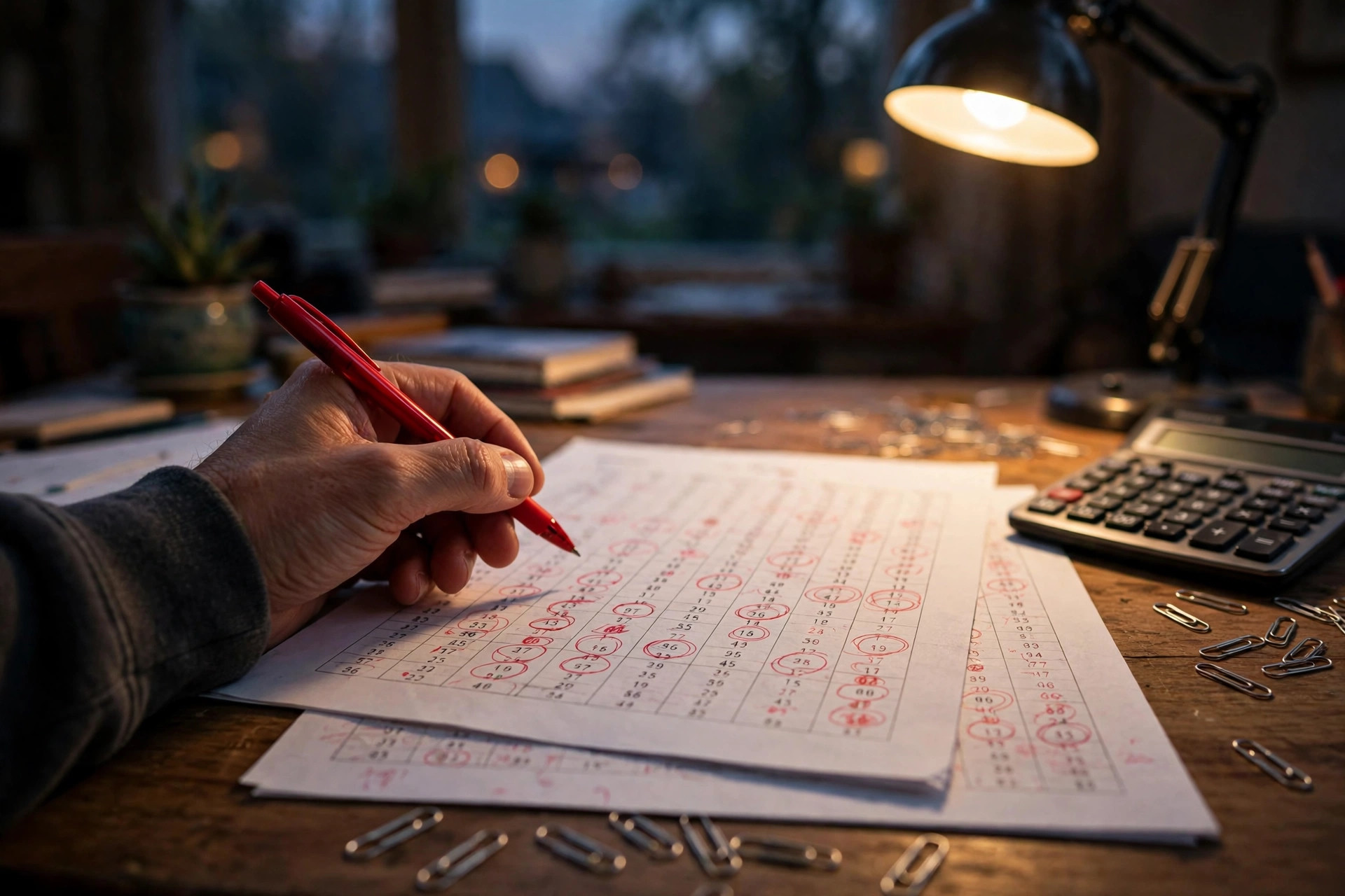A hand with a red pen over a printed profit-and-loss sheet with figures circled